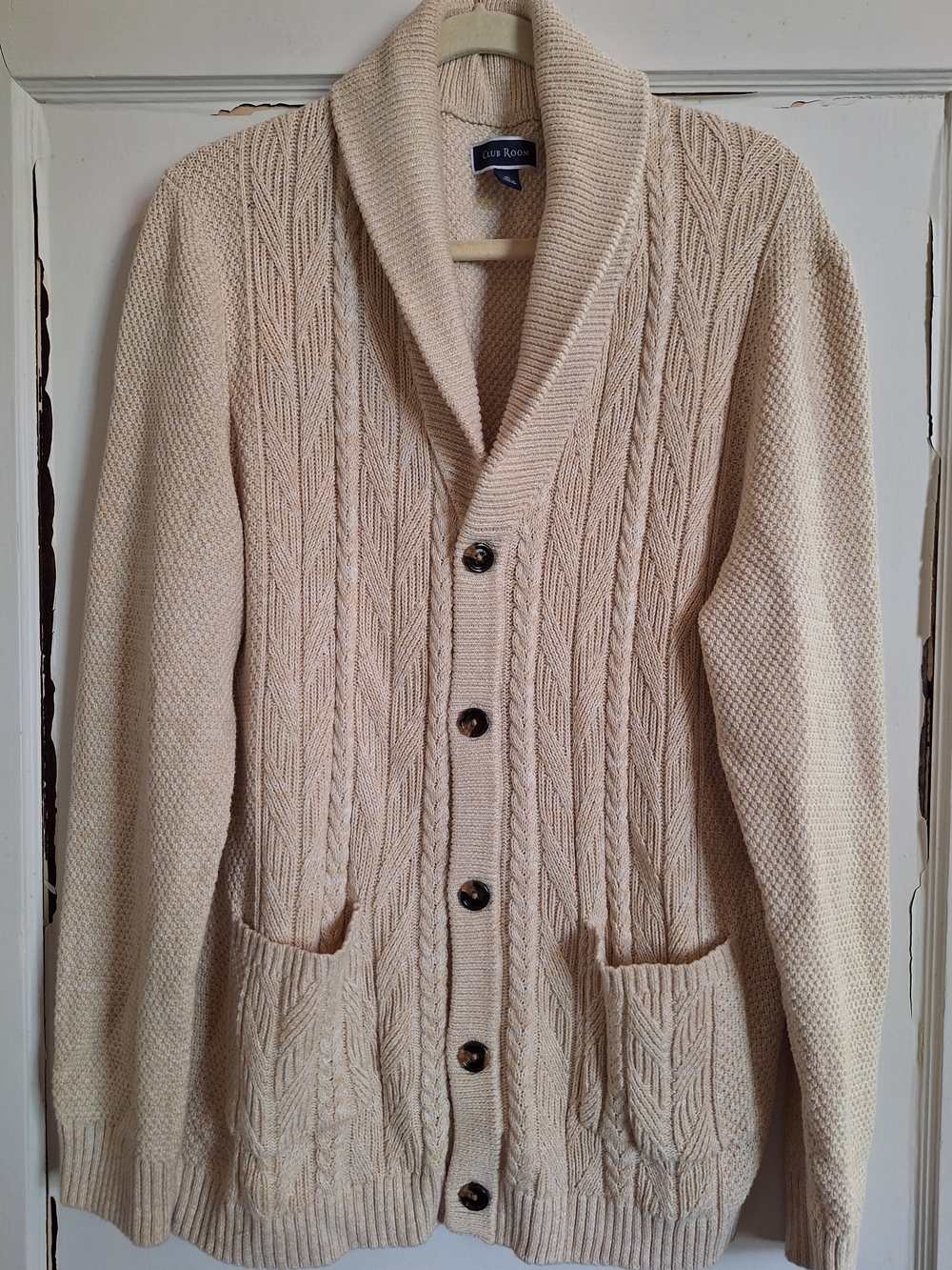 Club Room Mens Cable Knit Shawl Collar Button Front Cotton Cardigan Cream Sz XL